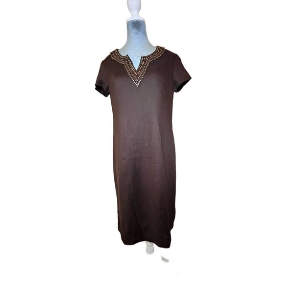 Chico’s Dress, Beaded Neckline, 100% Linen, Lined, Brown, Size 0 (S) - Picture 1 of 7